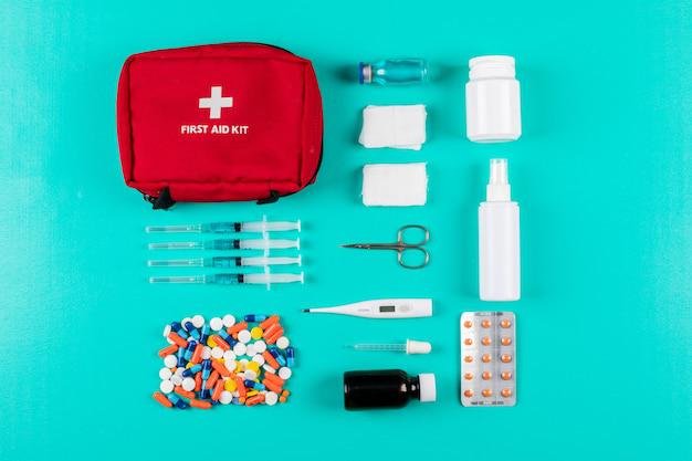 A well-stocked first aid kit with bandages, antiseptic wipes, and medical supplies for roadside emergencies.